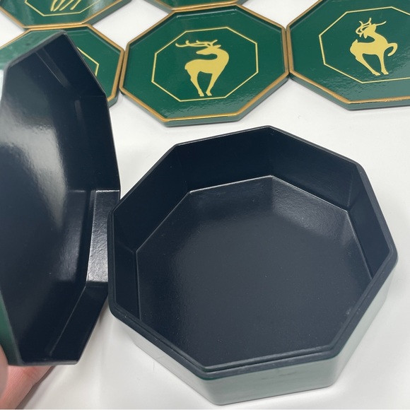 Vintage Serving Trays and Coasters Set Enesco Hunter Green Deer Made in Japan - Picture 5 of 16